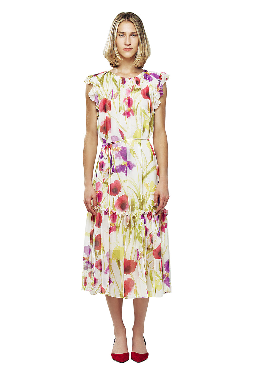 JUNA's midi-dress is crafted of lightweight chiffon and spotlights a beautiful watercolor floral print. Ruffled trim and a tiered skirt complete this sleeveless style.