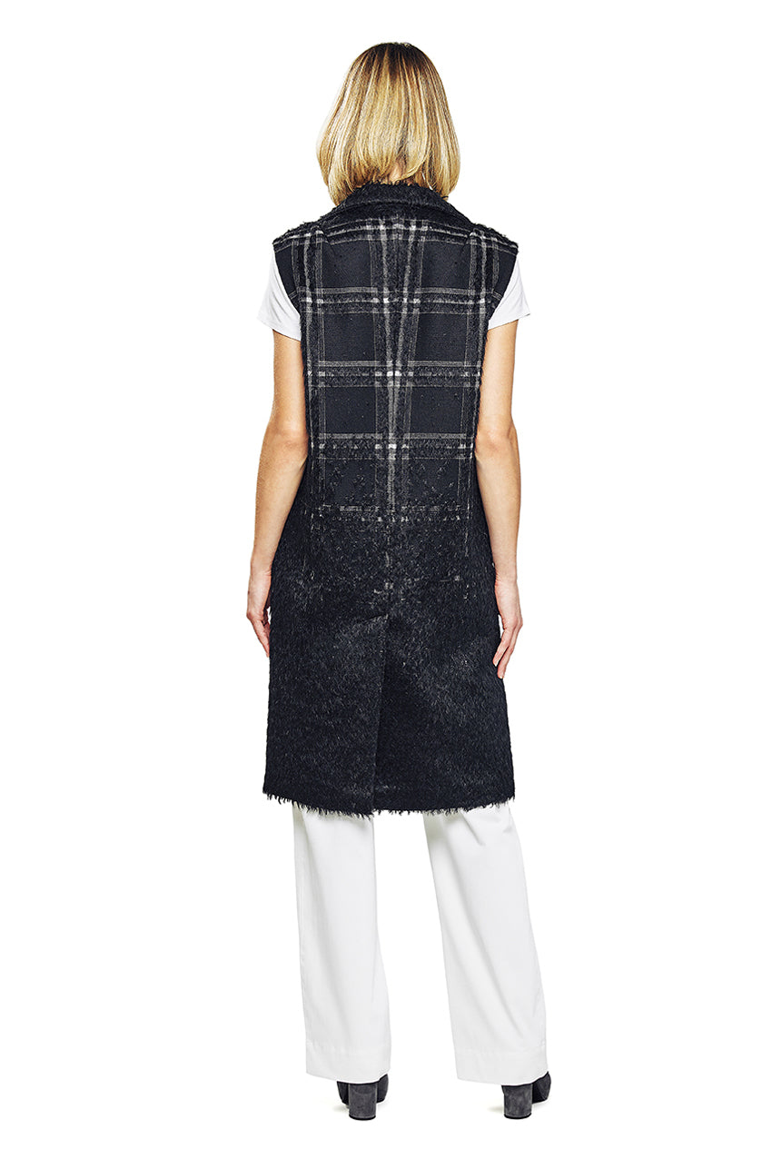 Black Plaid Wool Blend Long Vest