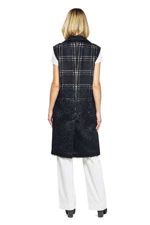 Black Plaid Wool Blend Long Vest