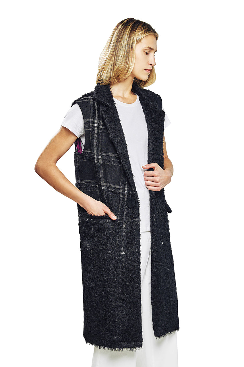 Black Plaid Wool Blend Long Vest