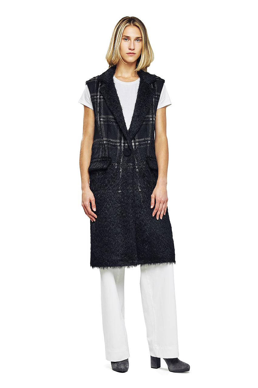 Black Plaid Wool Blend Long Vest